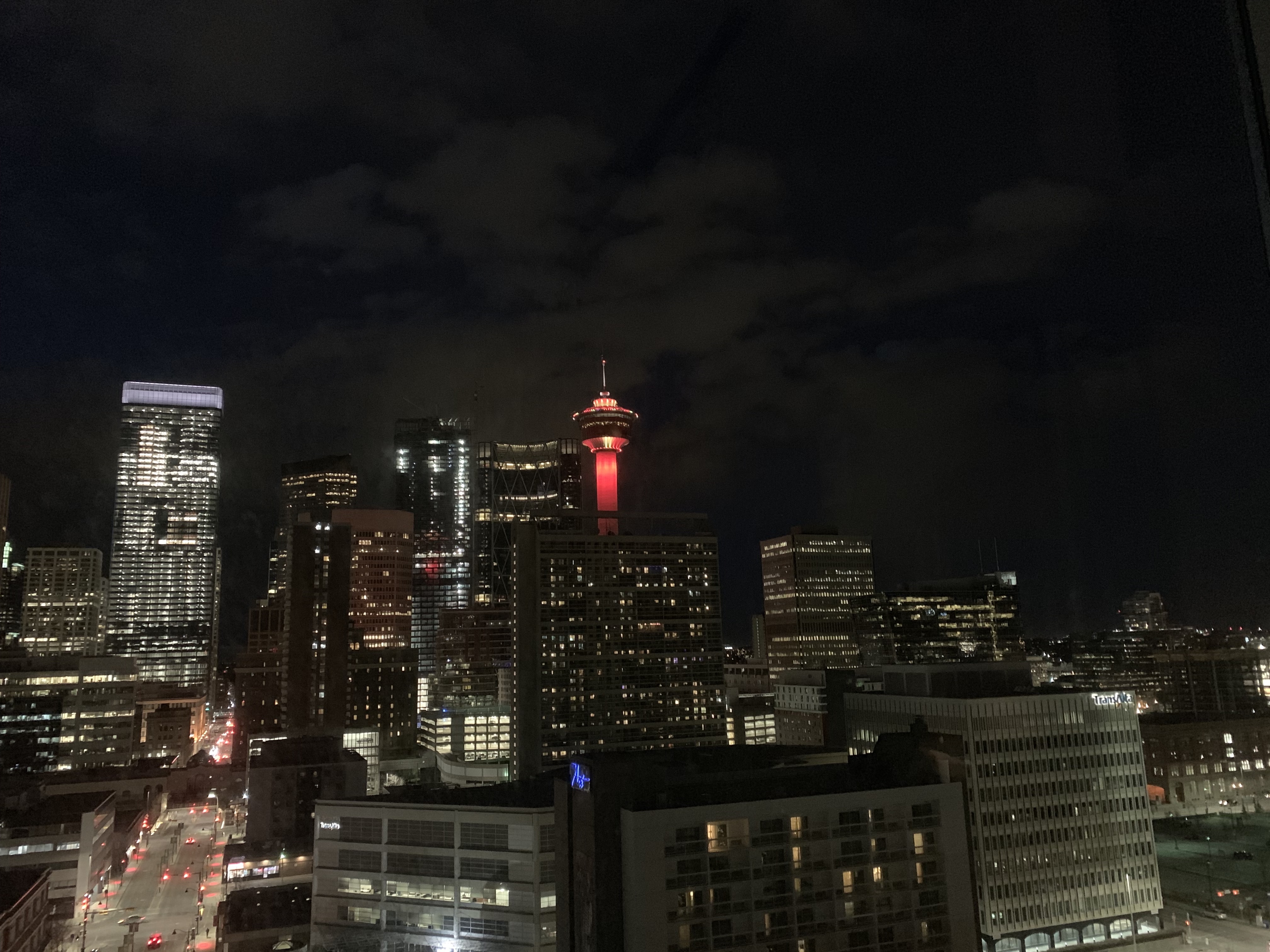 Calgary Tower lit red for the Calgary Flames (it didn't help)
