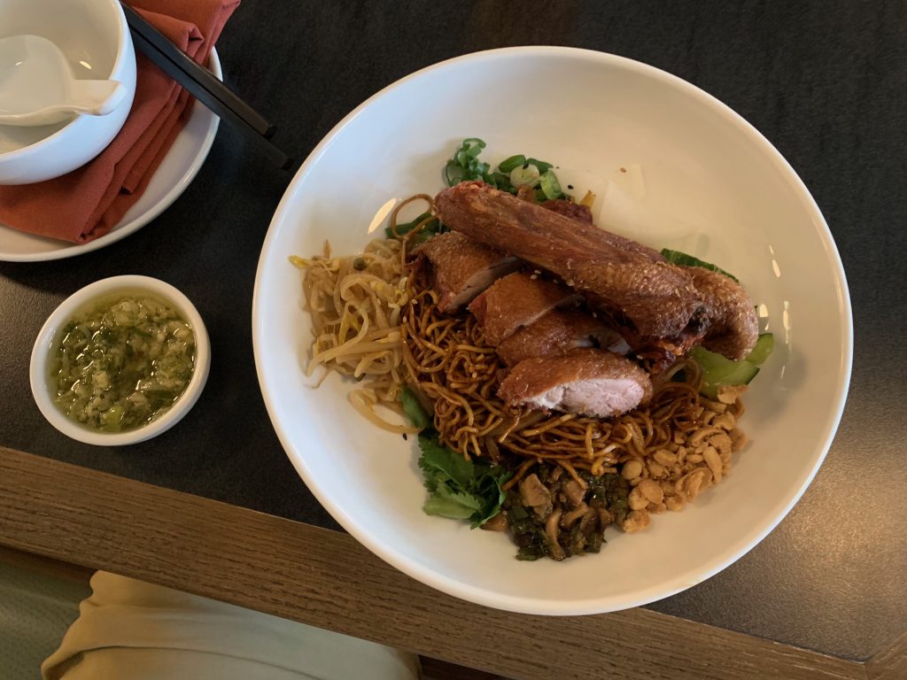 Two Penny's fried duck lunch bowl.